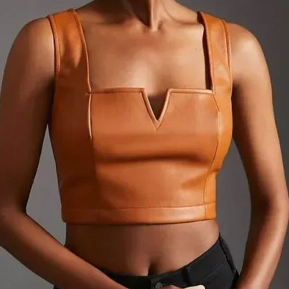 Anthropologie Maeve Faux Leather Notch Cropped Festival Tank Top Size 8